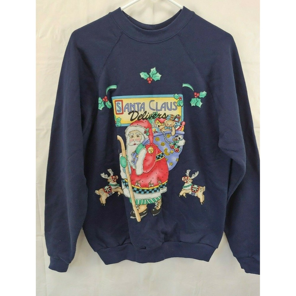 Vtg Tultex Womens Christmas Sweatshirt Medium Santa Applique Puff Paint